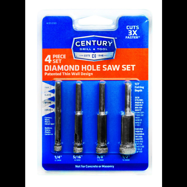 Century Drill & Tool Hole Saw Diamond 4Pc Set 1/4" 5/16 3/8" And 1/2" 5590